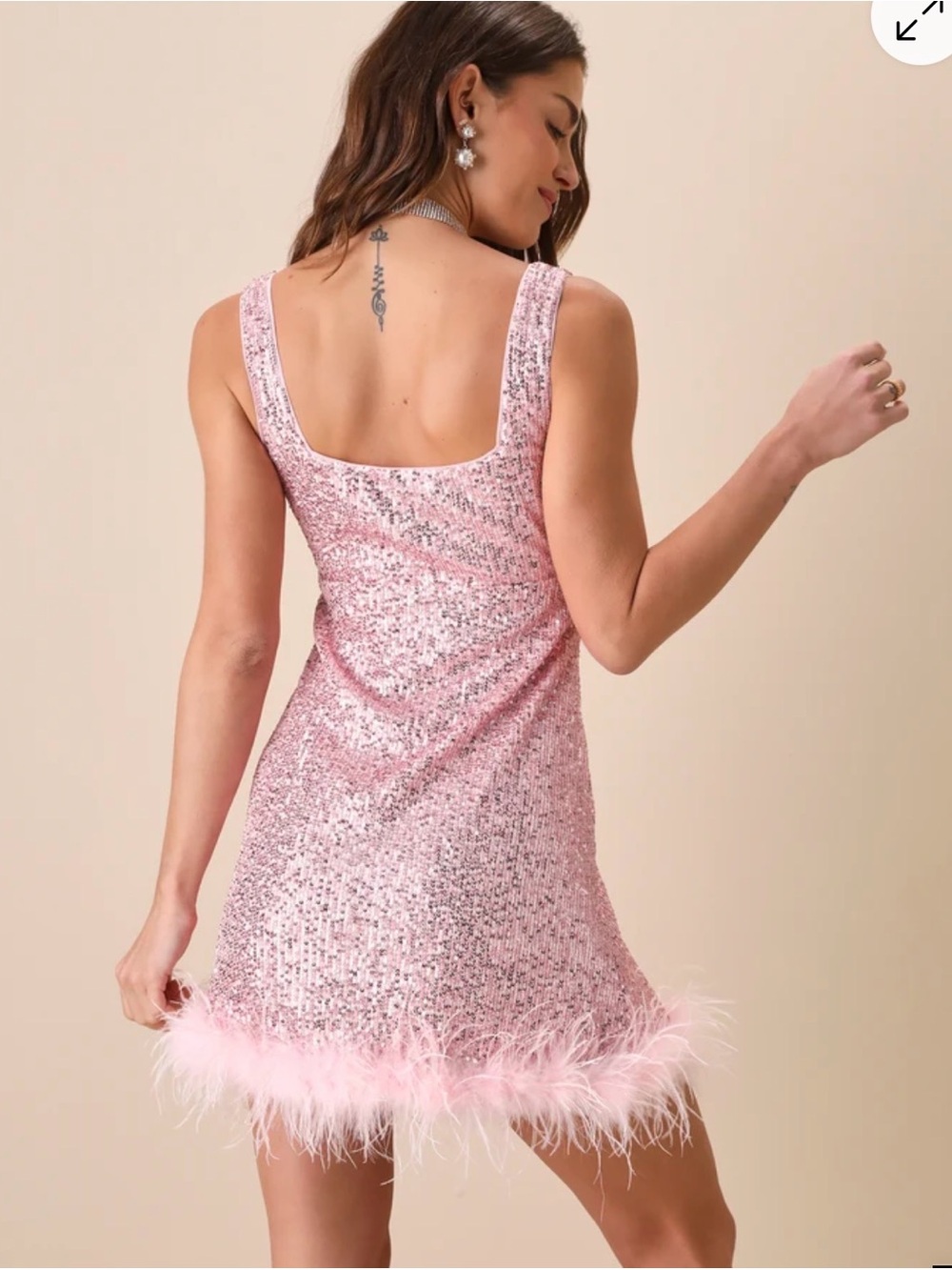 Pink Sequin Mini Dress with Feather Hem